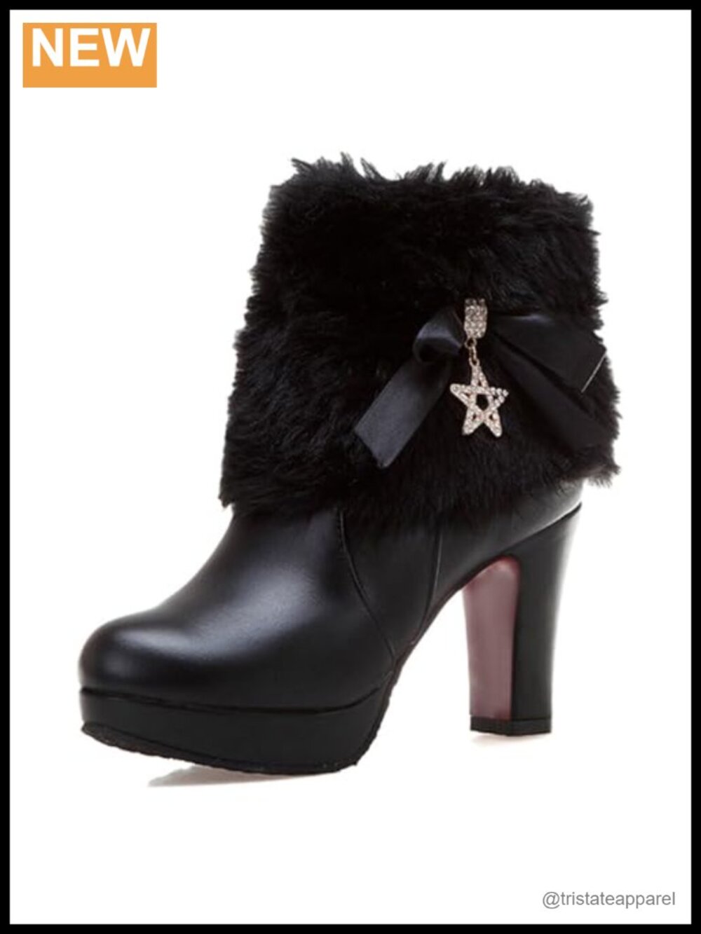 Furry Chunky Heel Ankle Boots Round Toe Side Zipper High Heel Winter Warm Short